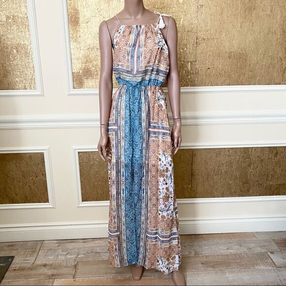 Zara boho tan blue print chiffon maxi dress Size S - Picture 2 of 15
